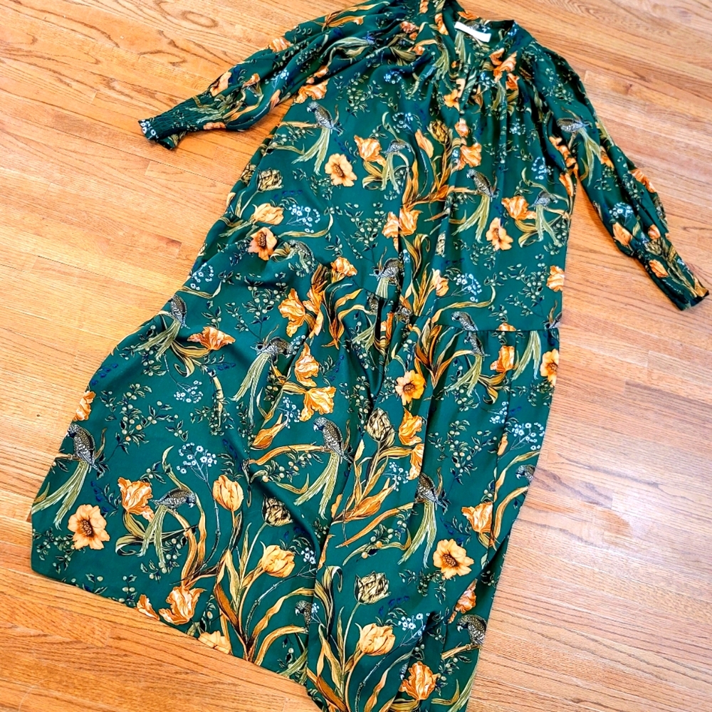Happy Nature L/XL Tropical green gold maxi dress parots long sleeve